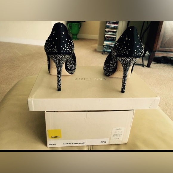 $1385 JIMMY CHOO “THE DALI Swarovski Jewel Platform Satin Peep Heels 37.5 NWT - Picture 11 of 16